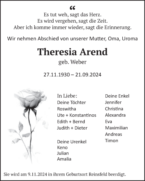 Traueranzeige von Theresia Arend von WochenSpiegel