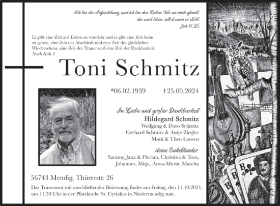 Traueranzeige von Toni Schmitz von WochenSpiegel