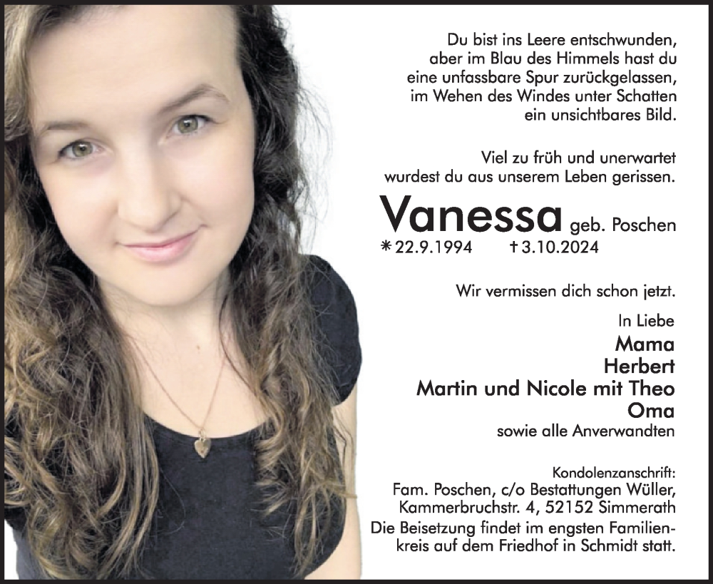  Traueranzeige für Vanessa  vom 09.10.2024 aus WochenSpiegel