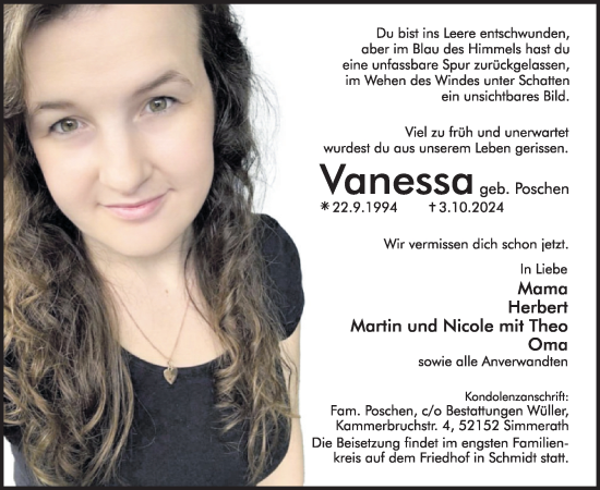 Traueranzeige von Vanessa  von WochenSpiegel