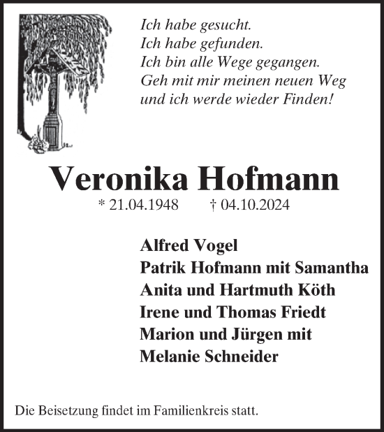Traueranzeige von Veronika Hofmann von WochenSpiegel