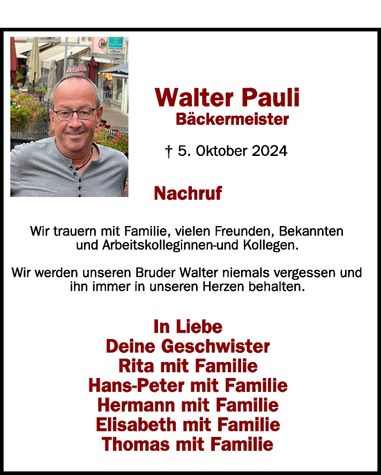 Traueranzeige von Walter Pauli von WochenSpiegel