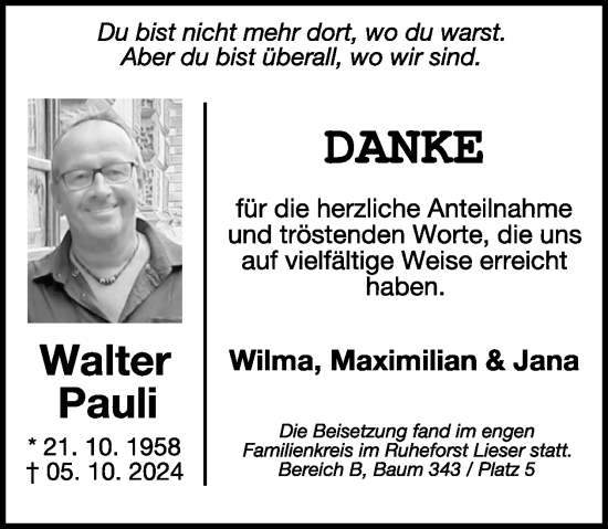 Traueranzeige von Walter Pauli von WochenSpiegel