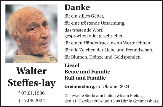 Traueranzeige von Walter Steffes-lay von WochenSpiegel