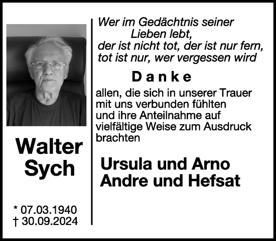 Traueranzeige von Walter Sych von WochenSpiegel