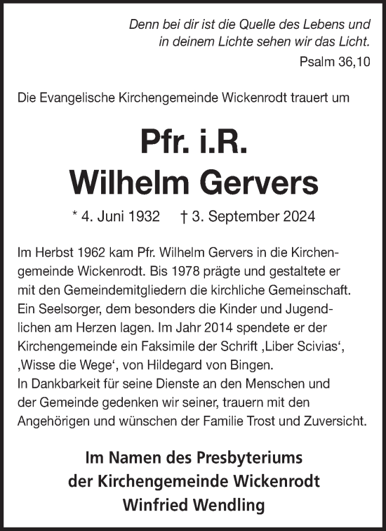 Traueranzeige von Wilhelm Gervers von WochenSpiegel