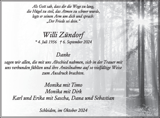 Traueranzeige von Willi Zündorf von WochenSpiegel