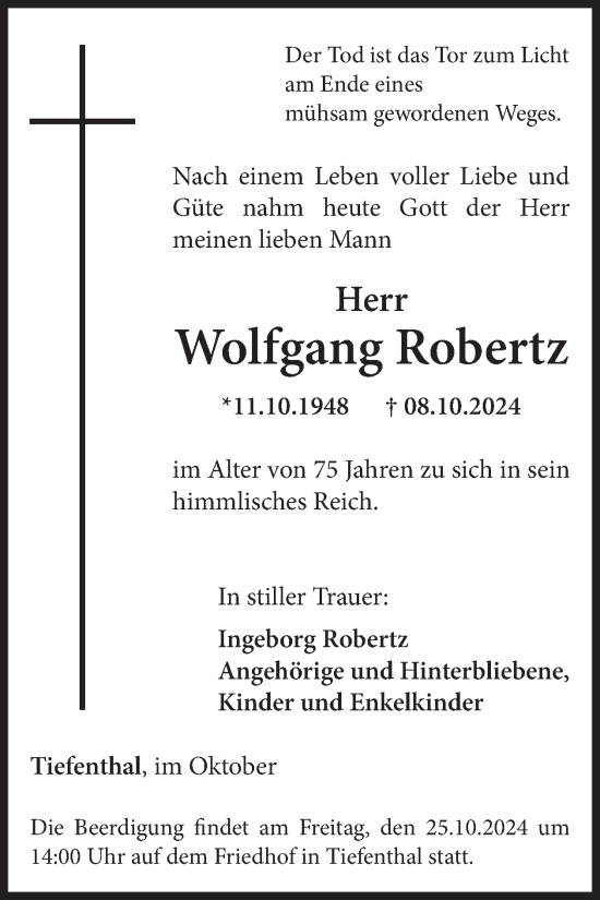 Traueranzeige von Wolfgang Robertz von WochenSpiegel