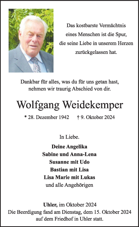 Traueranzeige von Wolfgang Weidekemper  von WochenSpiegel