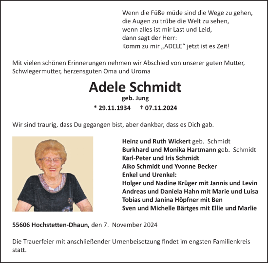 Traueranzeige von Adele Schmidt von WochenSpiegel