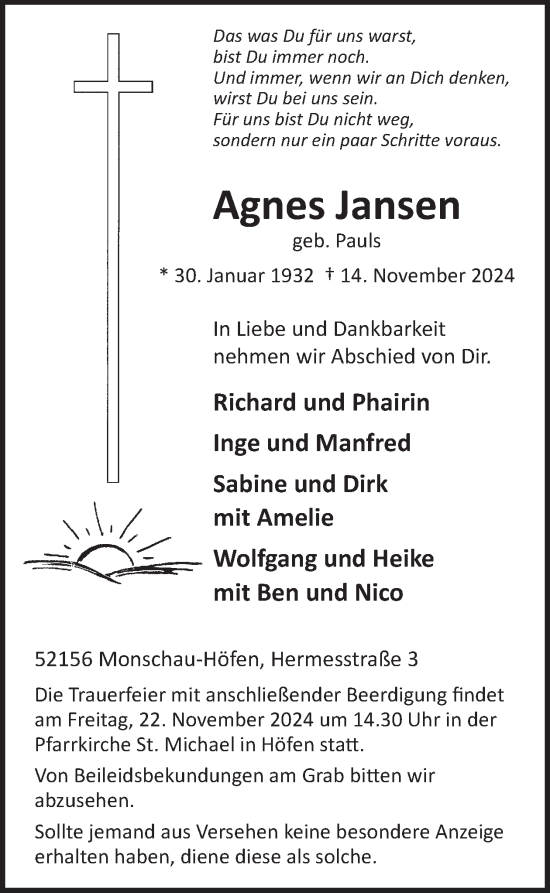 Traueranzeige von Agnes Jansen von WochenSpiegel