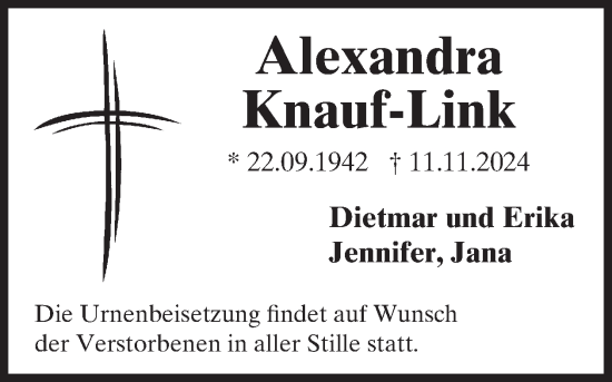 Traueranzeige von Alexandra Knauf-Link von WochenSpiegel