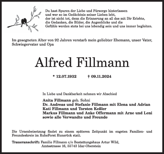 Traueranzeige von Alfred Fillmann von WochenSpiegel