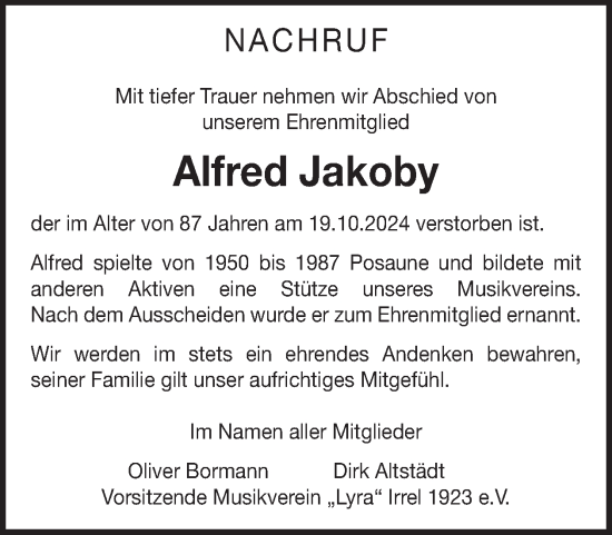 Traueranzeige von Alfred Jakoby von WochenSpiegel