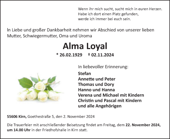 Traueranzeige von Alma Loyal von WochenSpiegel