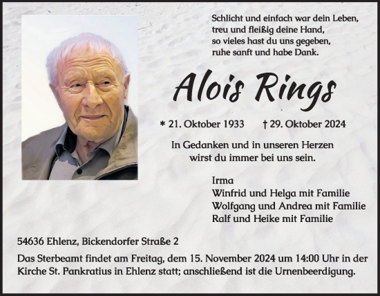 Traueranzeige von Alois Rings von WochenSpiegel