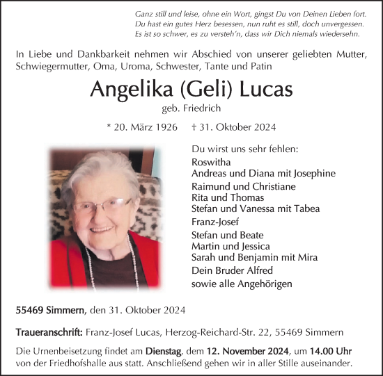 Traueranzeige von Angelika  Lucas von WochenSpiegel