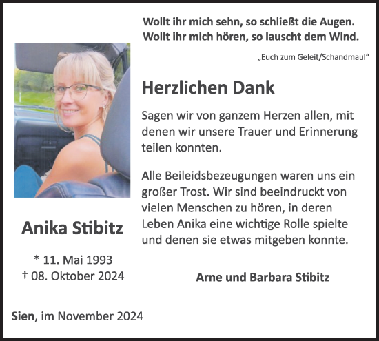 Traueranzeige von Anika Stibitz von WochenSpiegel