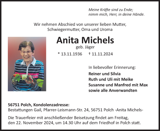 Traueranzeige von Anita Michels von WochenSpiegel