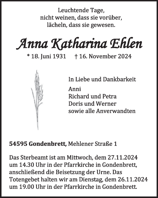 Traueranzeige von Anna Katharina Ehlen von WochenSpiegel