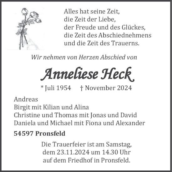 Traueranzeige von Anneliese Heck von WochenSpiegel