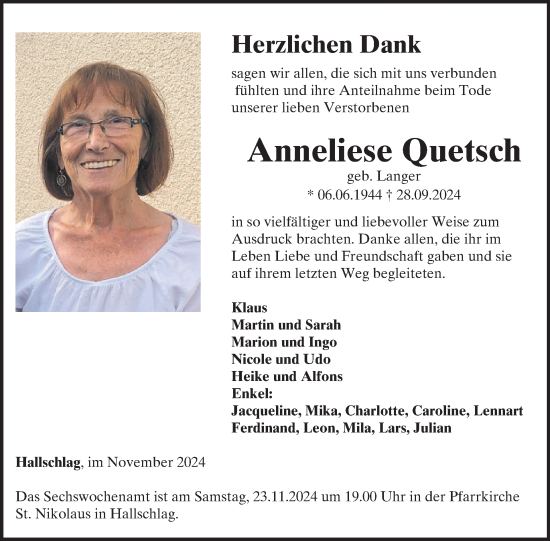 Traueranzeige von Anneliese Quetsch von WochenSpiegel