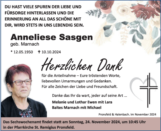 Traueranzeige von Anneliese Sasgen von WochenSpiegel