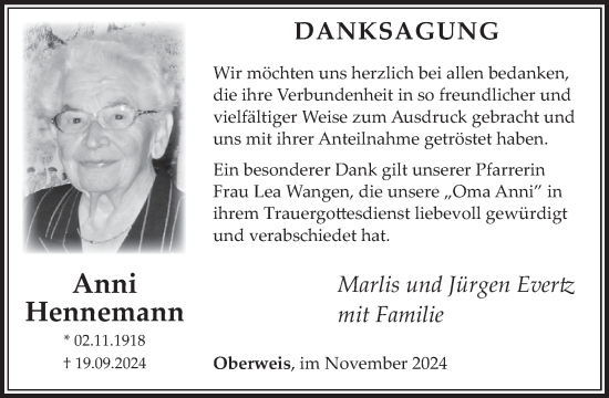 Traueranzeige von Anni Hennemann von WochenSpiegel