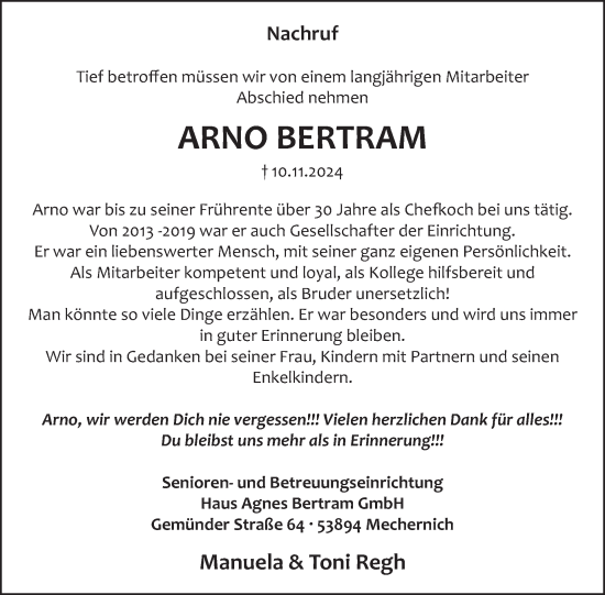 Traueranzeige von Arno Bertram von WochenSpiegel