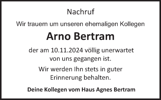 Traueranzeige von Arno Bertram von WochenSpiegel