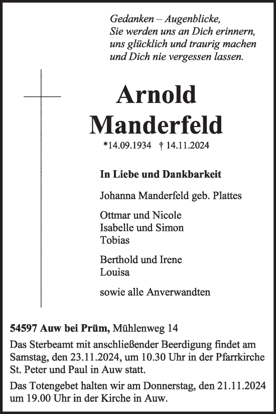 Traueranzeige von Arnold Manderfeld von WochenSpiegel