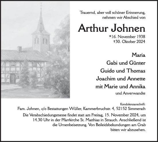 Traueranzeige von Arthur Johnen von WochenSpiegel