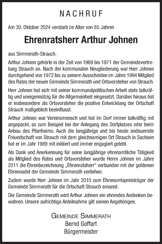 Traueranzeige von Arthur Johnen von WochenSpiegel