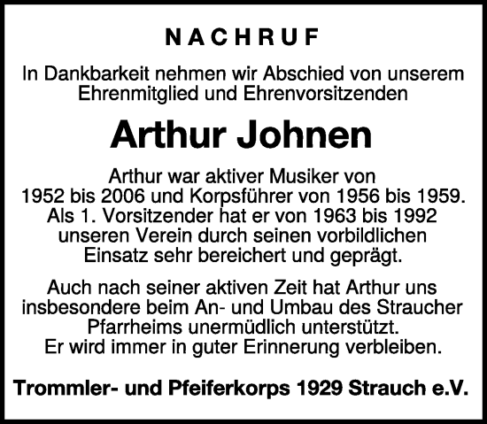 Traueranzeige von Arthur Johnen von WochenSpiegel