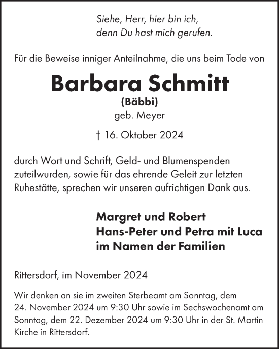 Traueranzeige von Barbara Schmitt von WochenSpiegel