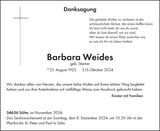 Traueranzeige von Barbara Weides von WochenSpiegel