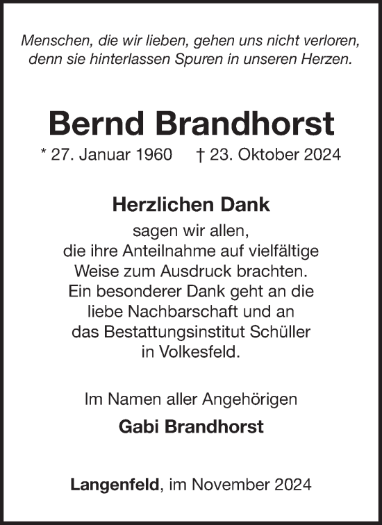 Traueranzeige von Bernd Brandhorst von WochenSpiegel