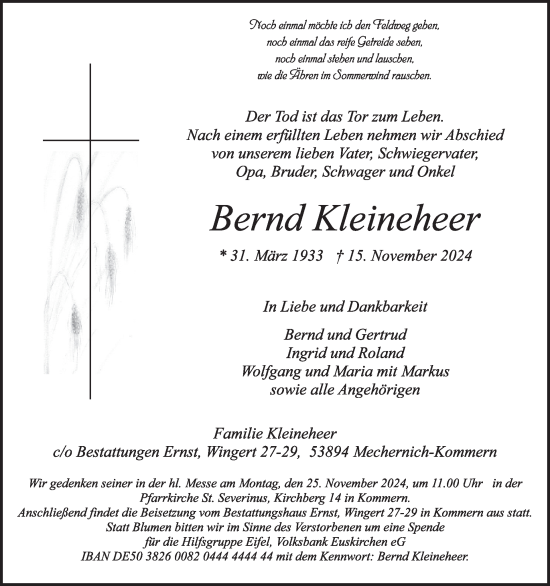 Traueranzeige von Bernd Kleineheer von WochenSpiegel