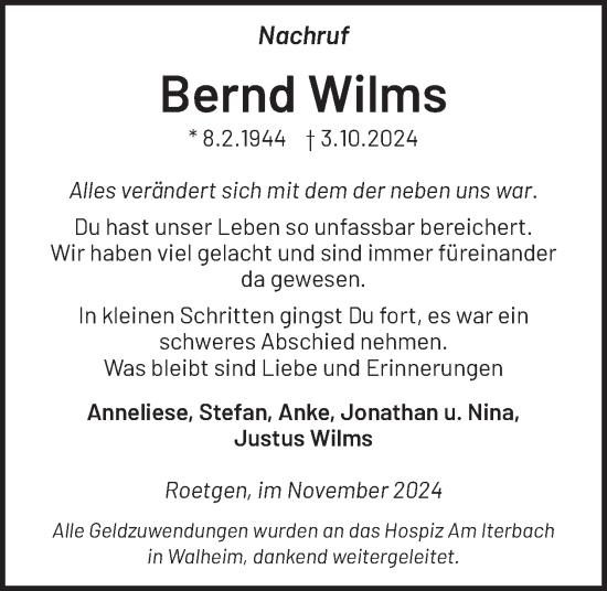 Traueranzeige von Bernd Wilms von WochenSpiegel