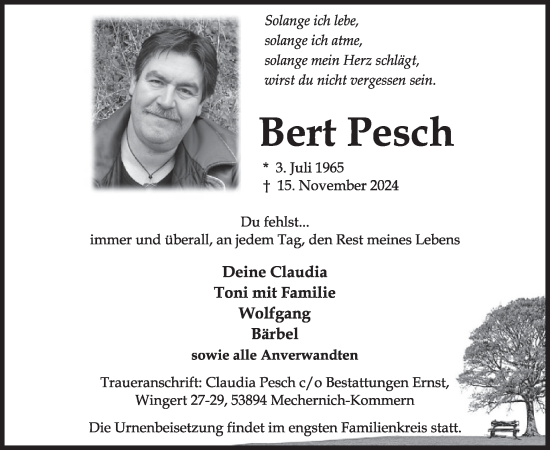 Traueranzeige von Bert Pesch von WochenSpiegel