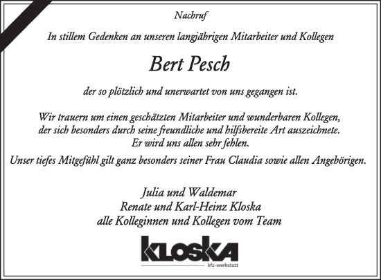 Traueranzeige von Bert Pesch von WochenSpiegel