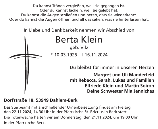 Traueranzeige von Berta Klein von WochenSpiegel