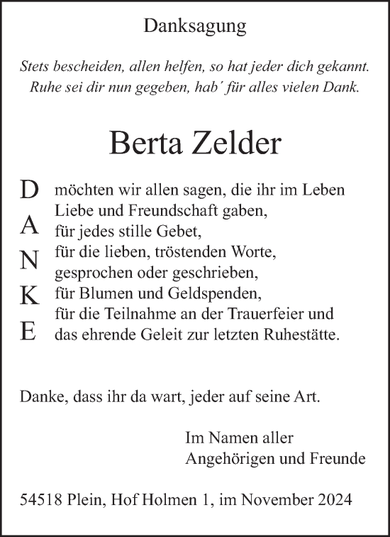 Traueranzeige von Berta Zelder von WochenSpiegel