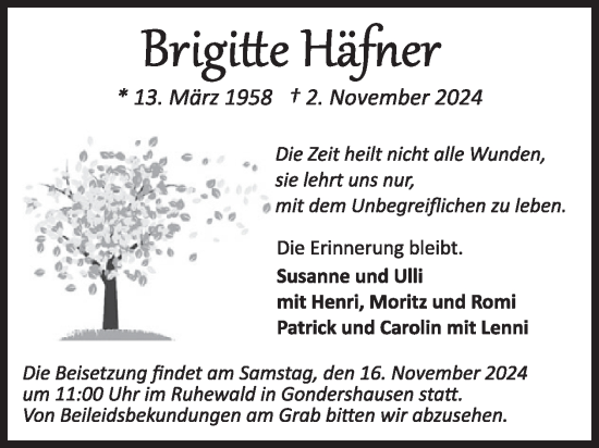 Traueranzeige von Brigitte Häfner von WochenSpiegel