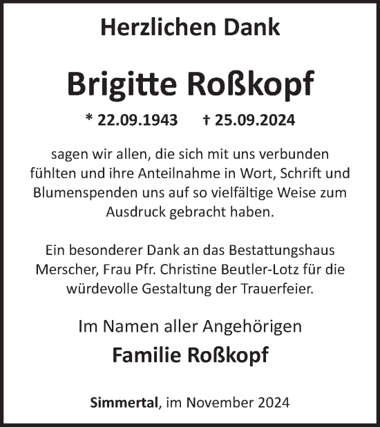 Traueranzeige von Brigitte Roßkopf von WochenSpiegel