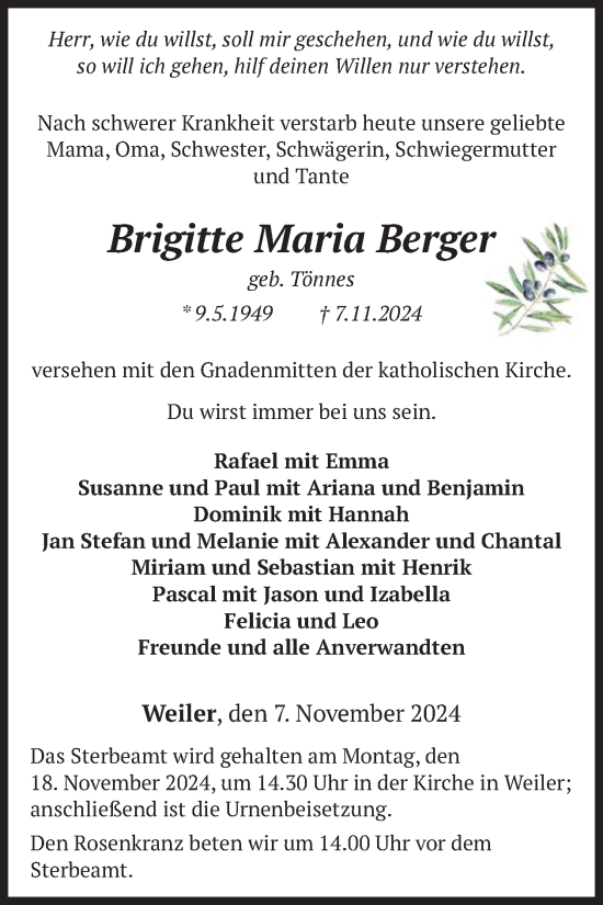 Traueranzeige von Brigitte Maria Berger von WochenSpiegel