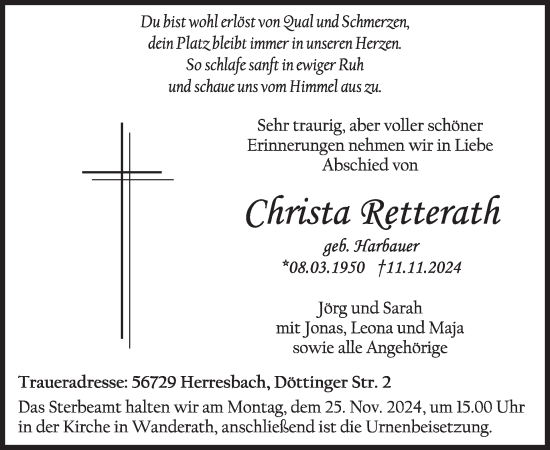 Traueranzeige von Christa Retterath von WochenSpiegel