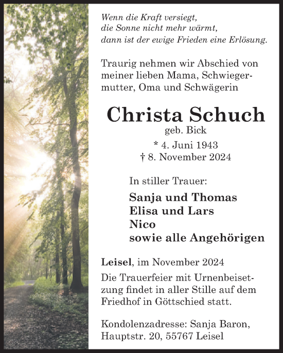 Traueranzeige von Christa Schuch von WochenSpiegel