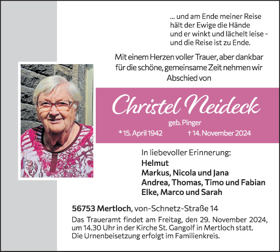 Traueranzeige von Christel Neideck von WochenSpiegel