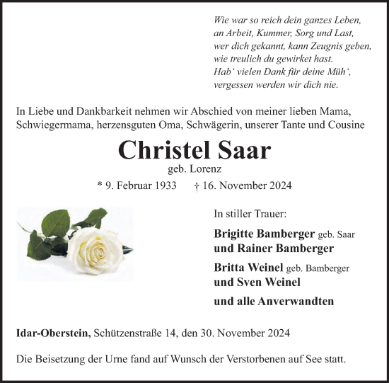 Traueranzeige von Christel Saar von WochenSpiegel